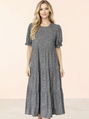 Pretty Garden Tiered Maxi Dress Black & White Print  Puff Sleeves Boho Cottageco